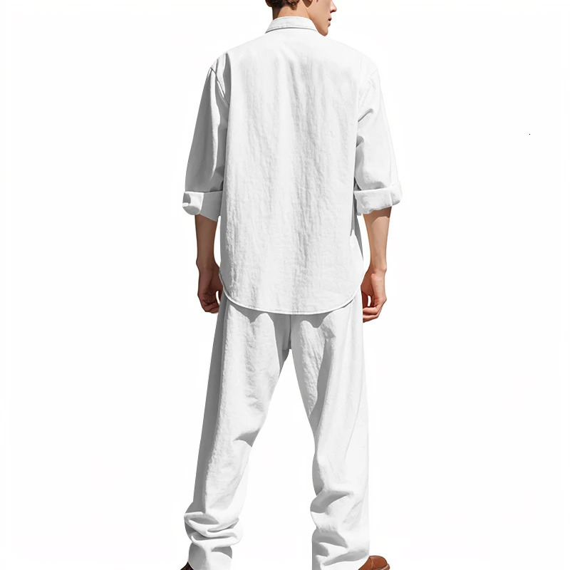2025 SpringSummer Mens Linen Casual Loose Breathable Long Sleeve Pants Shirt Beach Set in Stock 250604