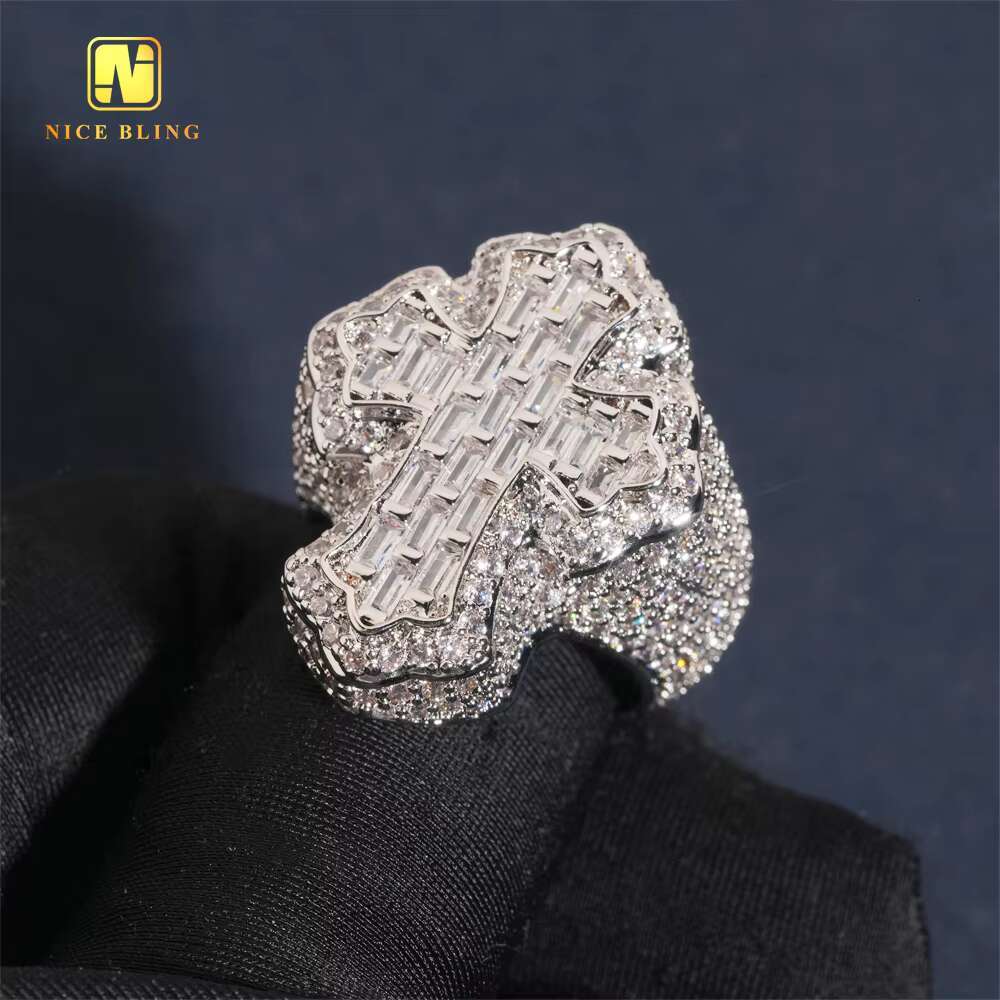 Fashion Jewelry Ring Baguette Hip Hop Brass 5A Cubic Moissanite Full Diamond Iced Out Jewelry Cross Rapper Ring for Men