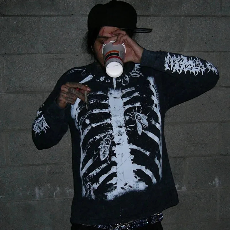 Gothic Harajuku Y2K Streetwear Graphic Top Men Vintage Retro Skeleton Round Neck Long Sleeve Hip Hop Casual Pure Cotton Tshirt 250605