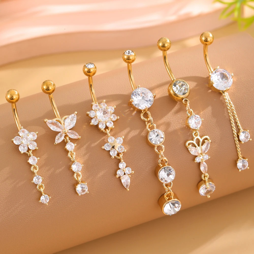 6pcs Gold Color Heart Butterfly Flower Belly Button Rings Sets 14g Curved Long Dangled Belly Piercing Stainless Steel Navel Ring 250530