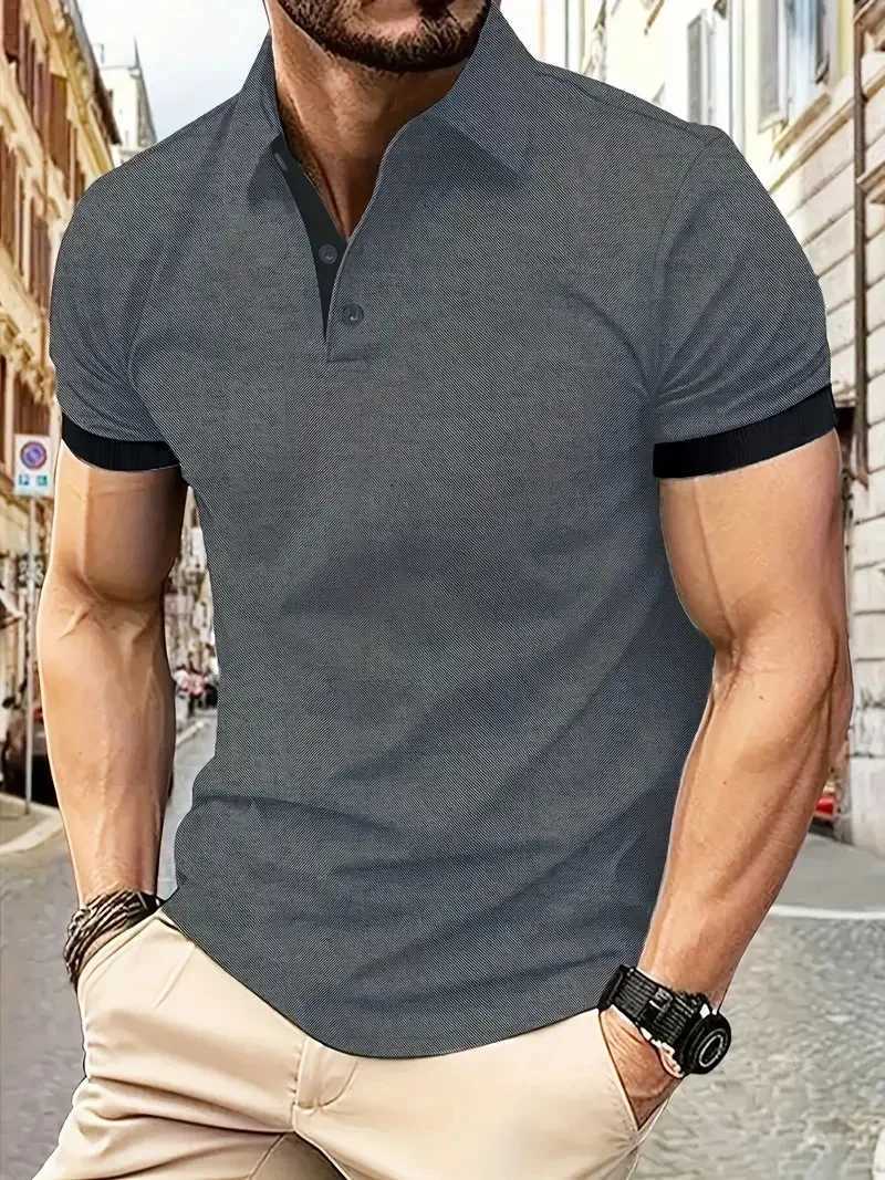 2025 Summer Mens Solid Color Polo Shirt Short-Sleeved Stand-Up Collar Button T-Shirt Mens Casual Street Wear Lightweight Top XJ250605