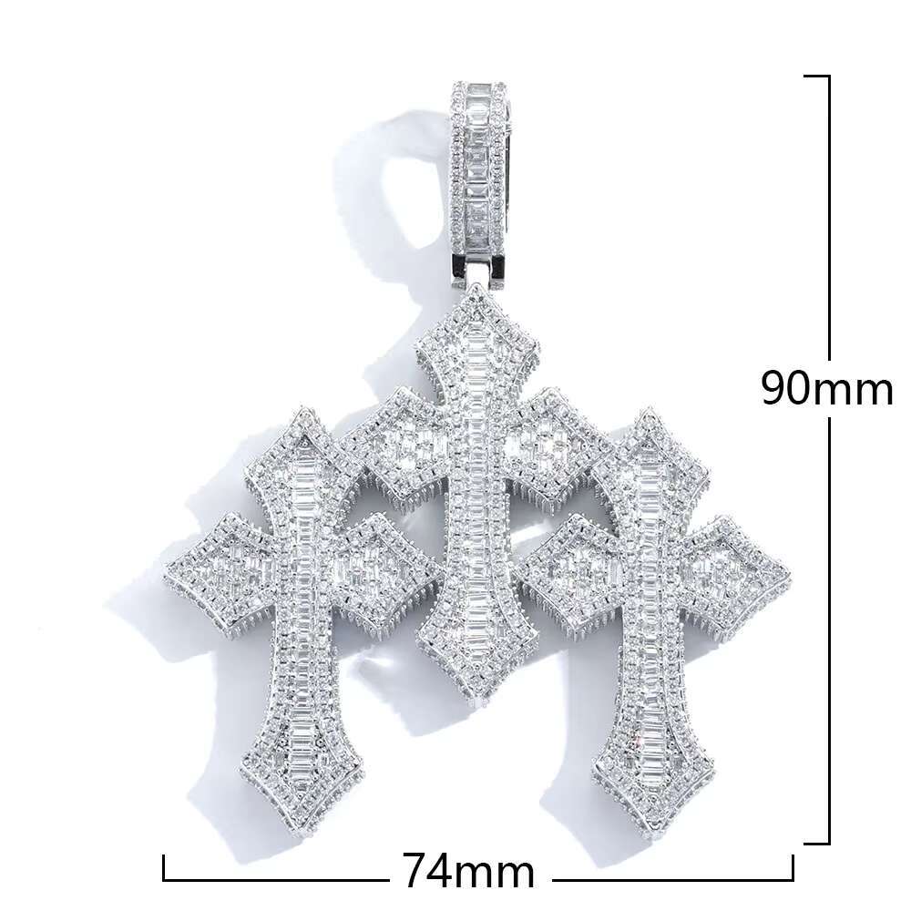 Fine Jewelry Pass Diamond Tester Large Hip Hop Pendant for Men Women Iced Out Baguette Three Cross Pendant