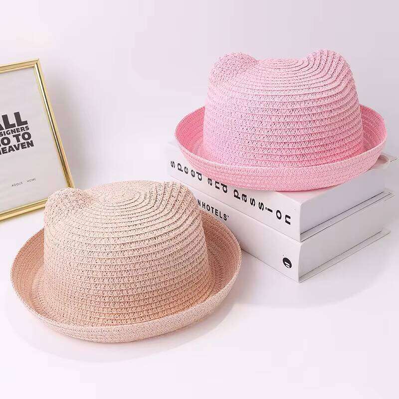 Wholesale New Summer Children's Cute Cat Ears Paper Straw Hat Solid Color Wide Brim Sun Visor Basin Cap for Girls Fishing Travel