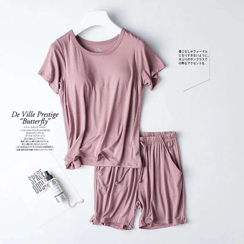 Modal Plus Size Sleepwear Womens Summer Pajamas Two-piece Set with Chest Pad Casual Home Clothes Pajamas Femme Nightwear Suit 250529