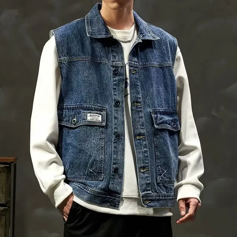 Trendy Denim Vest Jacket For Men Loosefit Shoulder Clipon Work Versatile Spring Autumn 250605Z