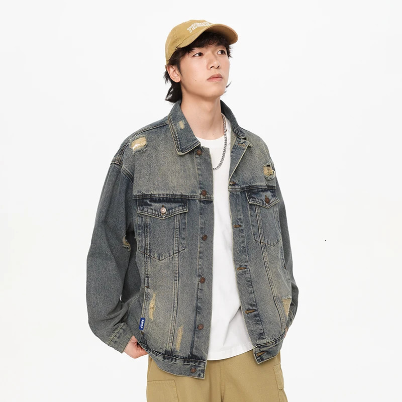 Spring Autumn Mens Streetwear Trendy Fashion Plus Size Loose Casual Vintage Ripped Denim Motorcycle Jacket Jeans Coat 250529