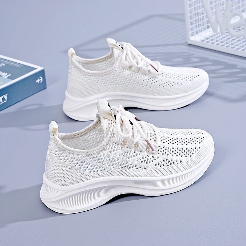 Flyknit Casual Shoes Women S Spring New Korean Style Mesh Breathable White Sneakers Outdoor Comfortable Simple Lightweight Thick Soled Sports Shoes Dd