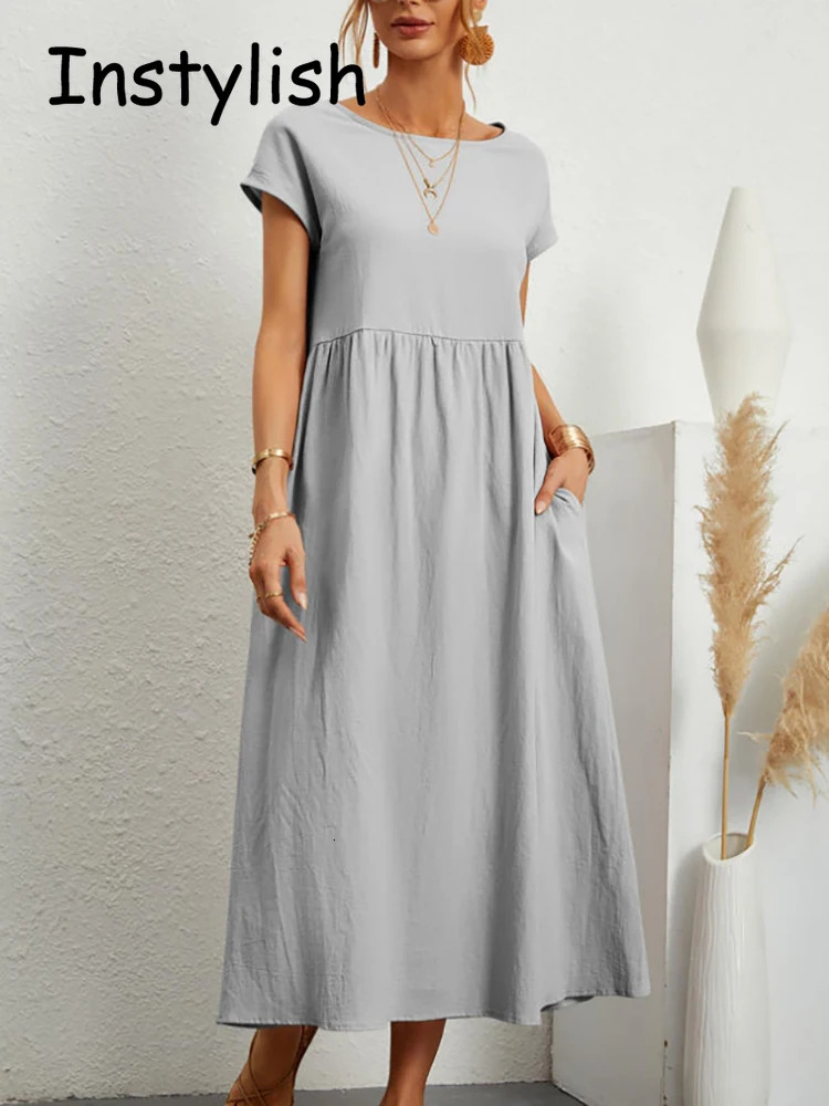 Women Elegant Solid Maxi Dress Summer Short Sleeve O Neck Vintage Harajuku Cotton Linen Loose Sundress Y2K Pockets Long Dress 250529