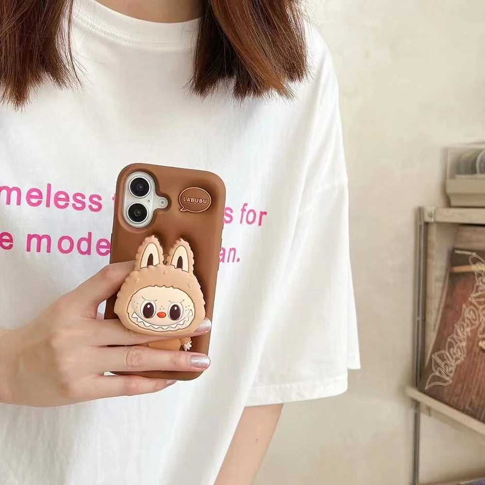 Cute Cartoon LaBuBu Monsters Soft Silicone Bracket Cover With Holder Case For Samsung Galaxy A14 A15 A54 A55 S23 S24 S25 Ultra X250605