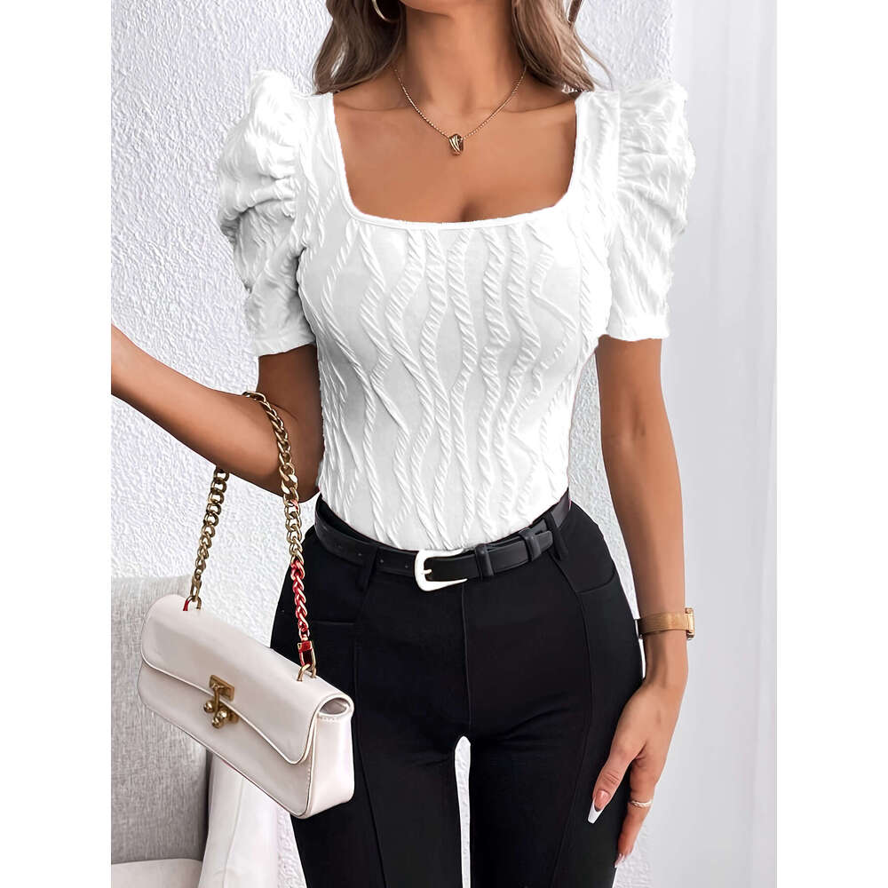 Waist-Cinching Casual Short Textured Leg-Of-Mutton Sleeve T-Shirt B5