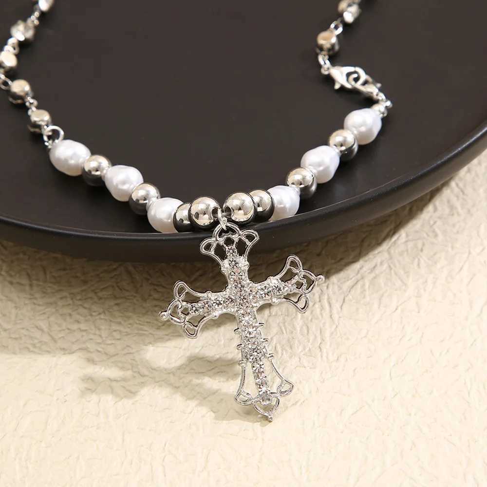 2025 Y2K Pearl Cross Pendant Necklace Hip Hop Retro Women Religious Zircon Chain Necklaces Girls Punk Party Trendy Jewelry Gifts XJ250604