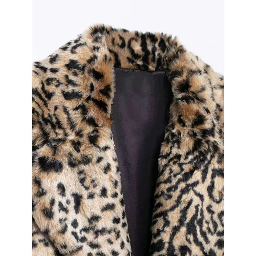 Vintage Leopard Lapel Faux Fur Coat Women Casual Loose Plush Single-Breasted Coats Female Winter Thick Warm Chic Street