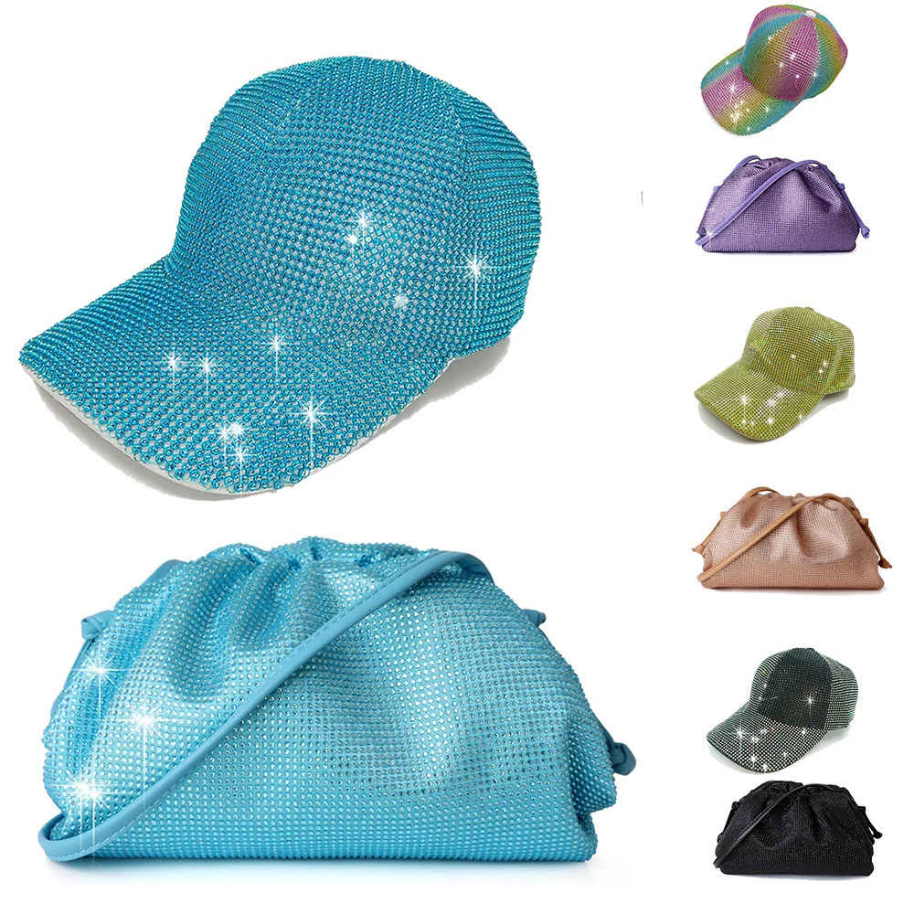 Super Flash Full Diamond Baseball Hat and Rhinestone Bag Set Summer Empty Top Hat Breathable Sunshade Beach Sun Hat Wholesale 250603