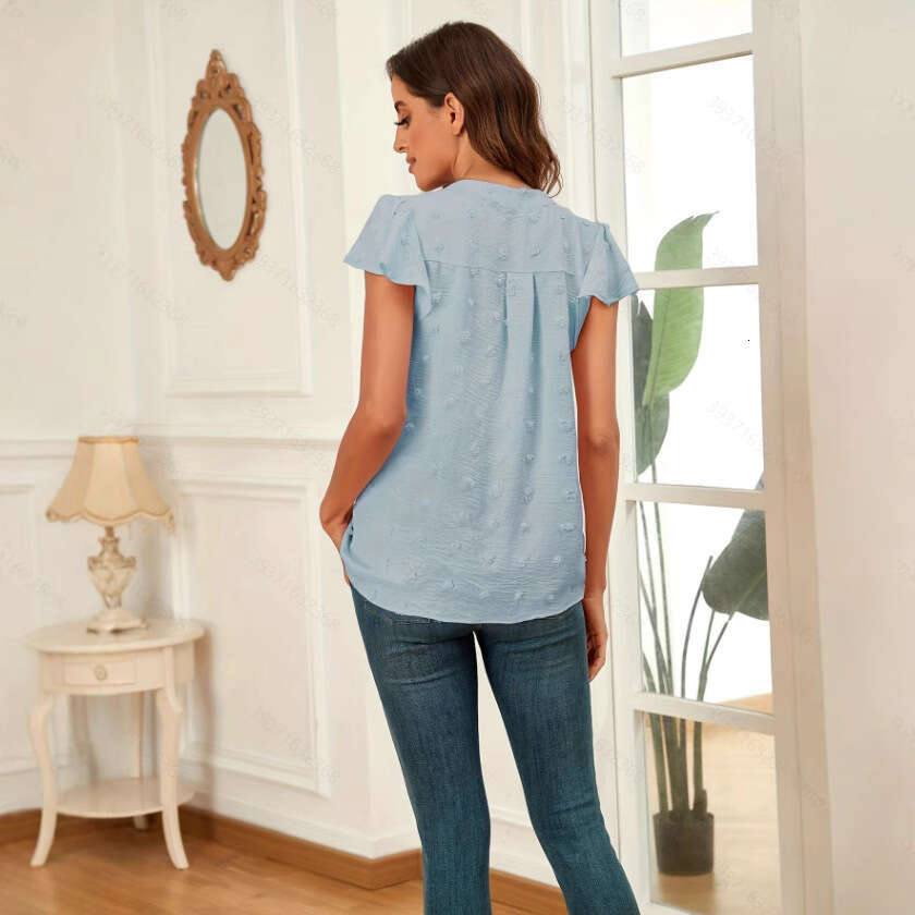 Women's Fashion Summer New V-Neck Ruched Puff Sleeve Pom-Pom Top Chiffon Blouse B5