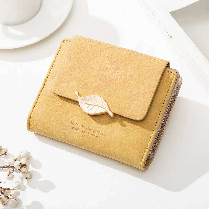 Purse short new niche design simple retro frosted leaf women's fashion coin purse zipper folding student wall