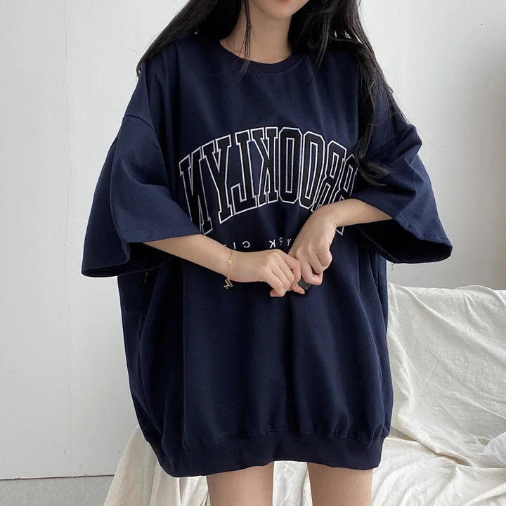 Hip Hop Short Sleeve Korea O Neck Oversized Cotton Summer Women Harajuku Letter Print Sweatshirts Gray Vintage Loose Fleece Tops 250604