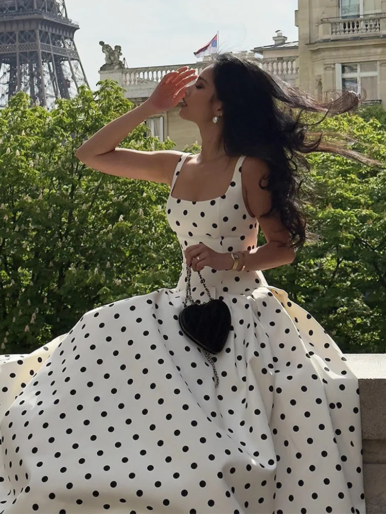 Vintage Polka Dot Printed High Waisted Sling Long Dresses Women Elegant Backless Sleeveless Robes Chic Lady Party Dresses 250604