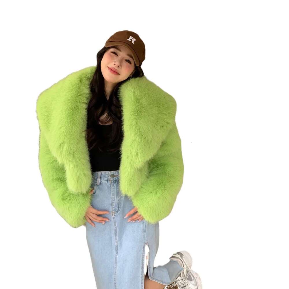 Fluorescent Green Environmentally Friendly Fox Short Korean Fluffy Fur Warm Jacket for Women