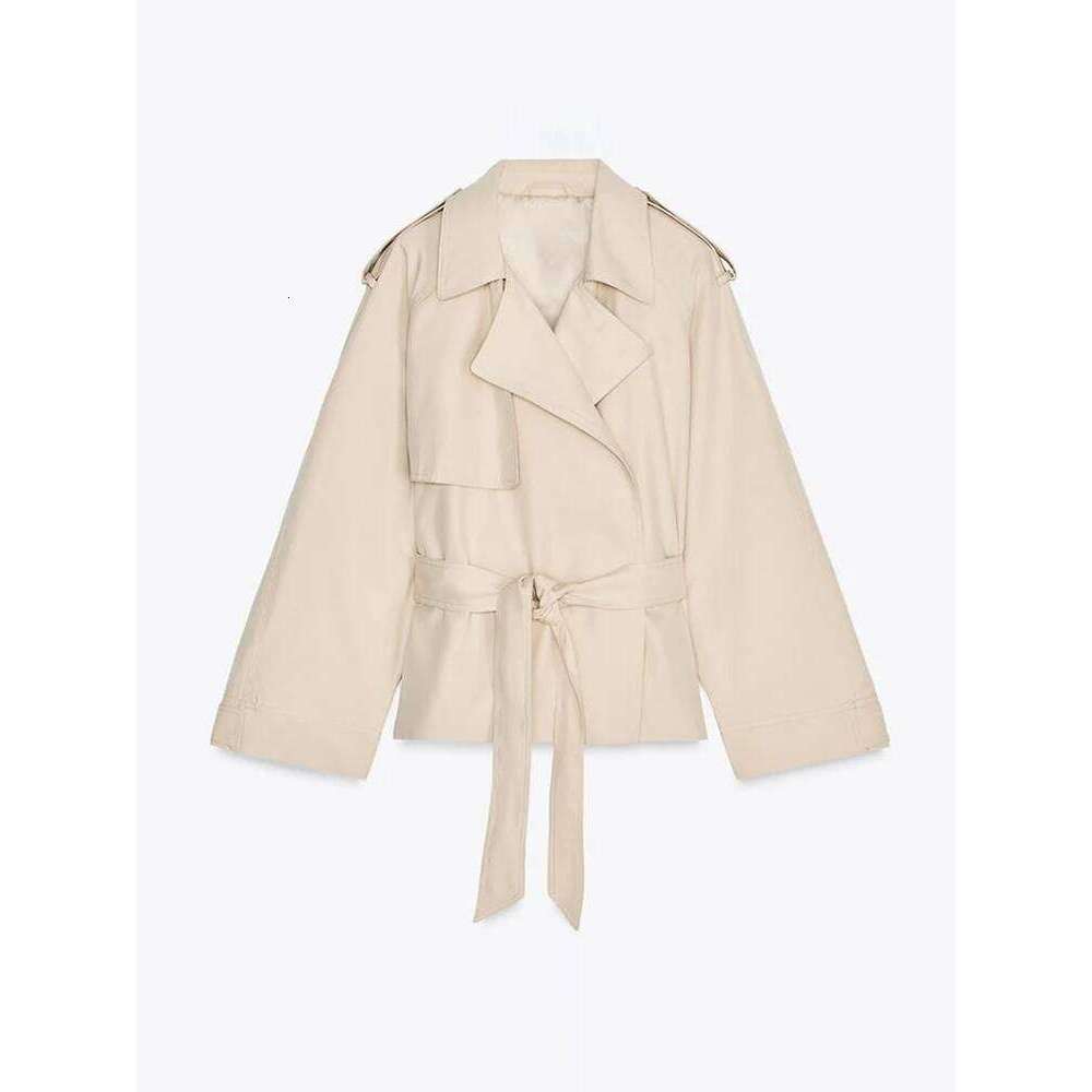 hoodie Spring Lace Up Trench Coat Women Apricot Loose Large Lapel Long Sleeves Short Windbreaker Chic High Street Outerwears Lady jacket