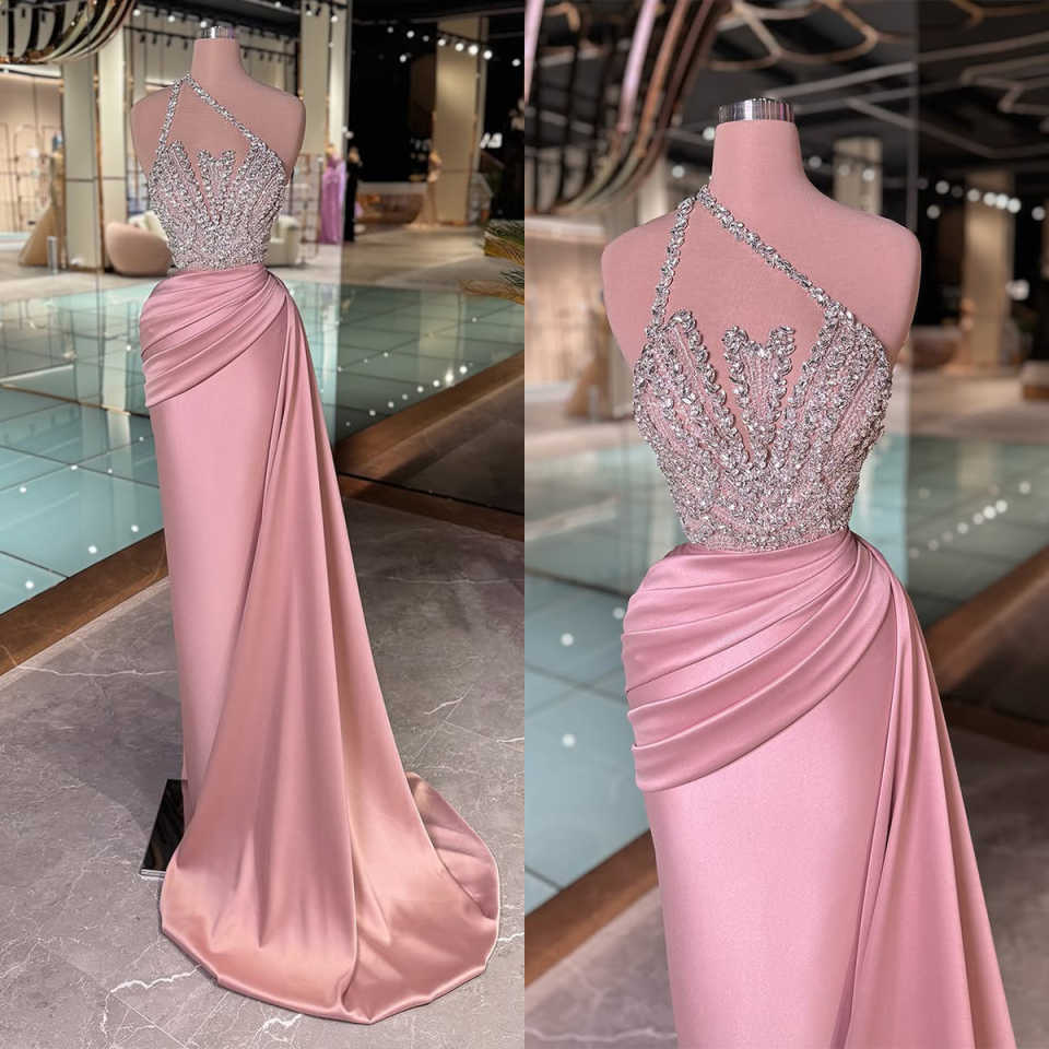 Crystal Mermaid Evening Dress Sexy One Shoulder Pleats Prom Gowns Formal Party Second Reception Birthday Wear Customized