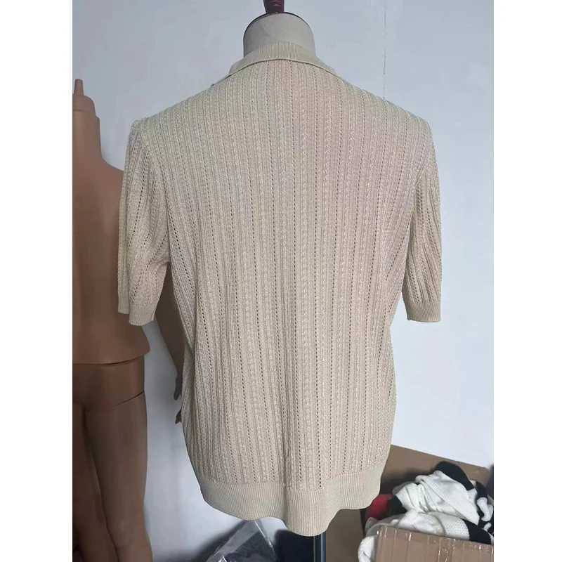 Summer Short Sleeve Mens Polo Shirts Fashion Solid Striped Loose Cardigan Turn Down Collar Shirt Male Casual Knitted Polos TopXJ250605