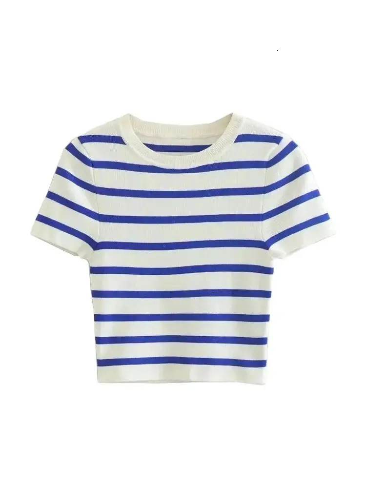 TRZA Women Fashion Striped Basic Cropped Knit Sweater Vintage O Neck Short Sleeve Female Pullovers Chic Tops 250530