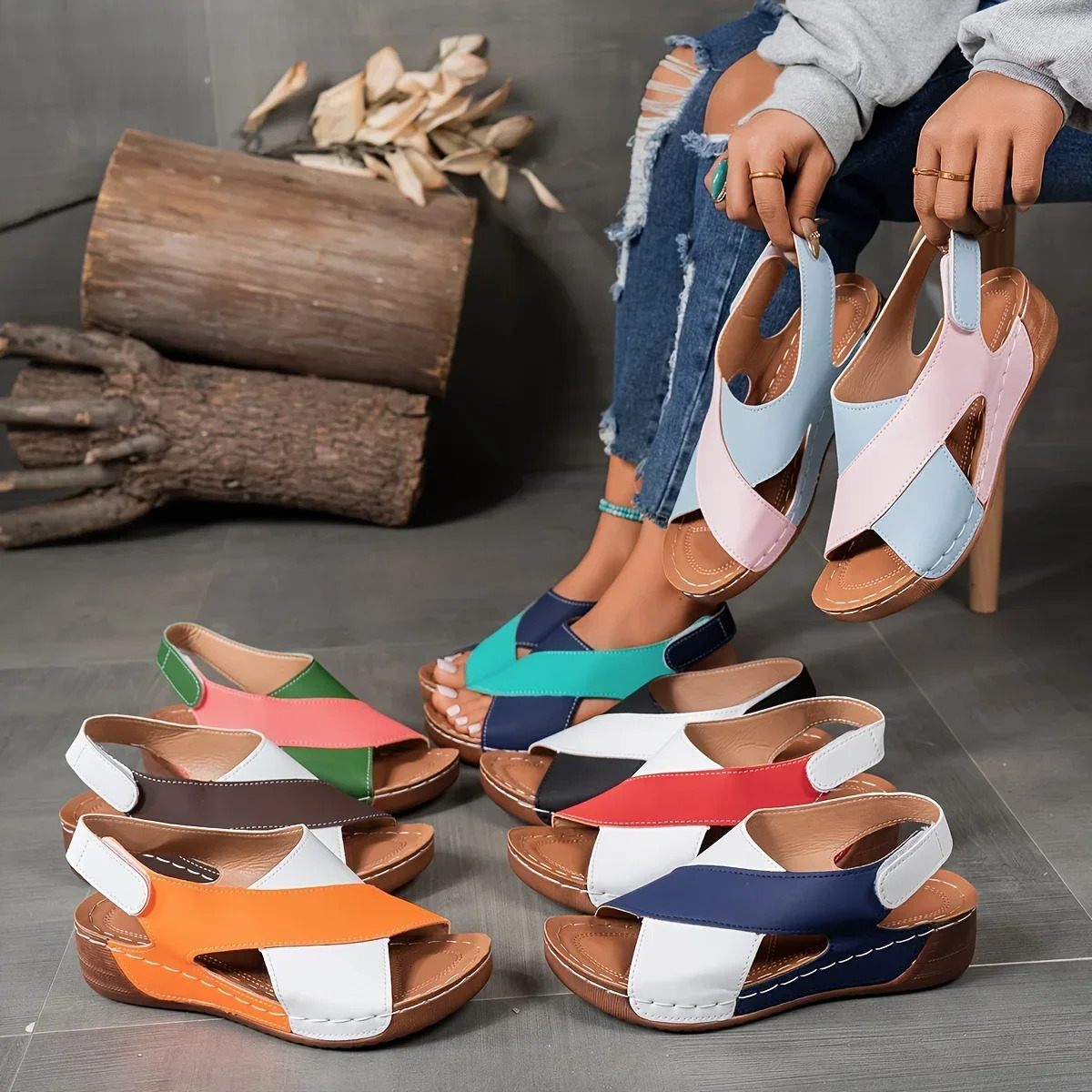 Ladies Contrasting Wedge HighHeeled Sandals Casual OpenToed Thick Sole Shoes Comfortable Ankle Strap Sandals 250605