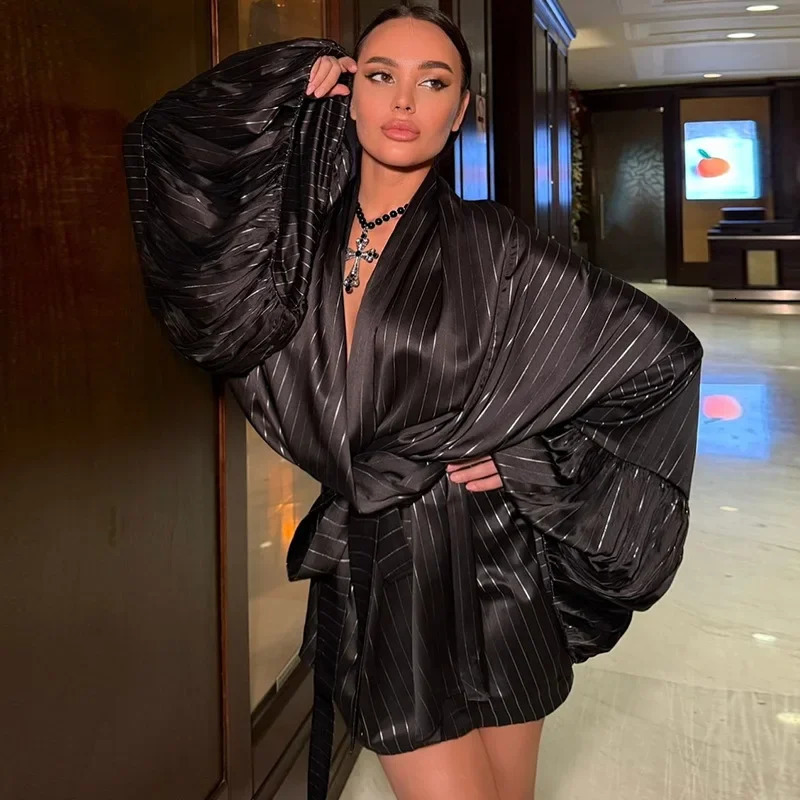 Fashionable Knot Waist Pleated Open Cardigan High Shorts Casual Set Womens Spring Loose Fit Ensemble 250604