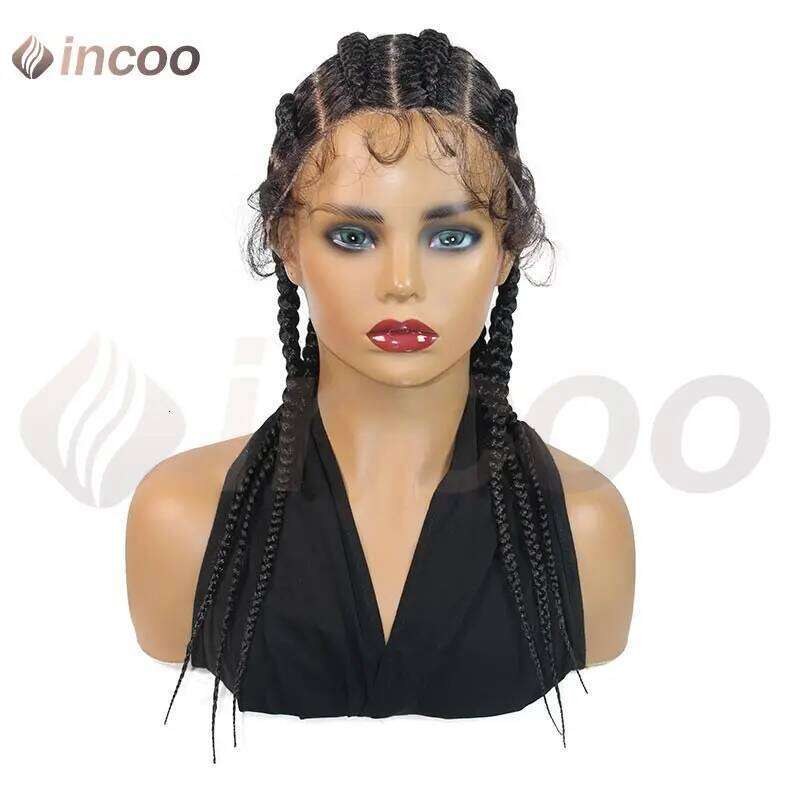 Wear and Go Glueless Synthetic Full Lace Braided Wigs Jumbo Box Braids For Black Women African Faux Locs Braiding Wig