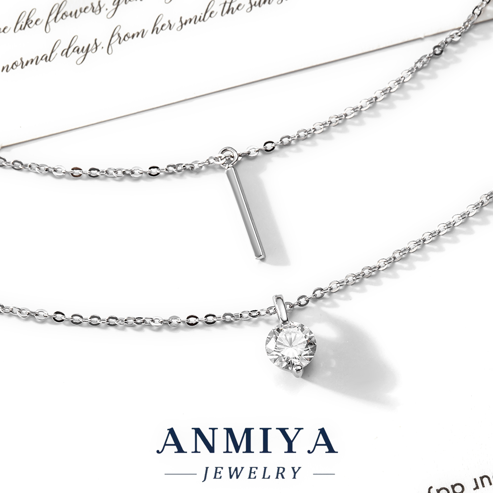 Minimalist Silver Jewelry Double Layered Necklace, Geometric Pendant with Zircon Accented , 925 Delicate Necklace for Daily