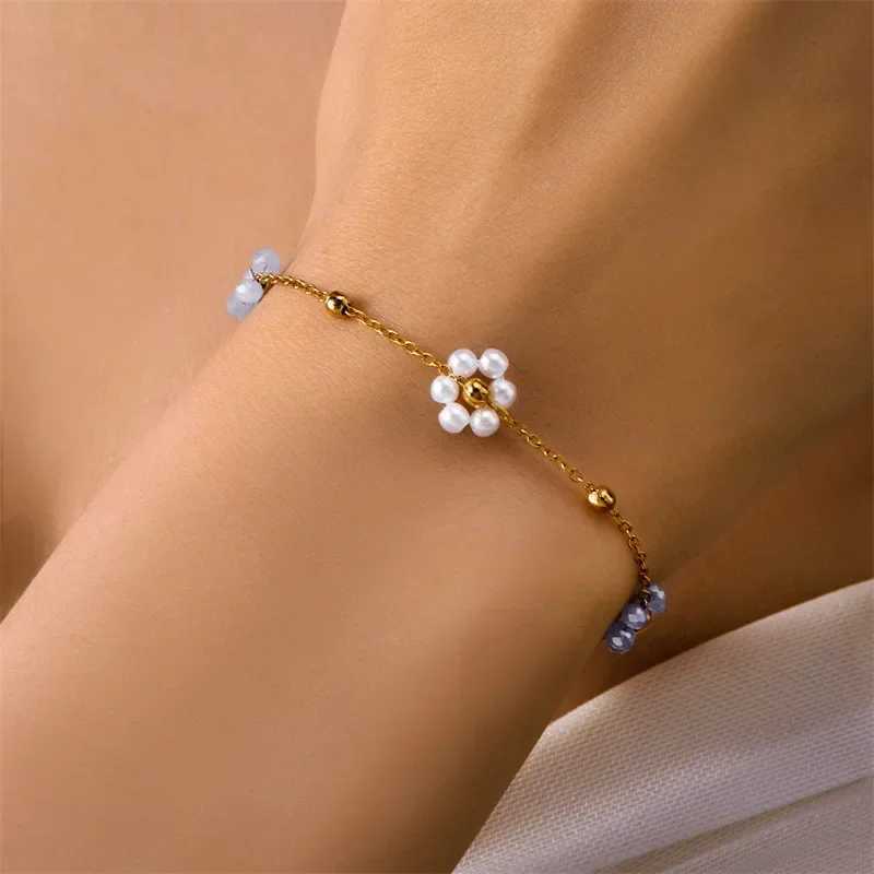 Sweet Cute Crystal Imitation Pearl Flower Bracelets for Women Fashion Gold Color Chain Charm Bracelet Necklace Jewelry XJ250604