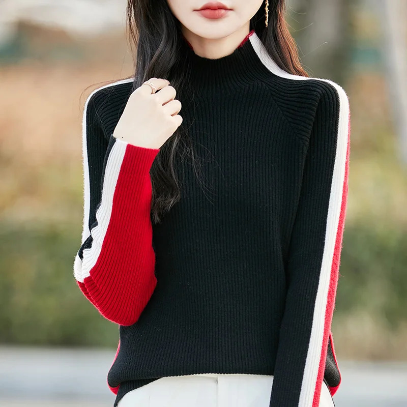 Spring 2025 100 Pure Wool Sweater Ladies SemiHigh Neck Loose Pullover Fashion Long Sleeve Color Matching Knit Base Shirt 250530