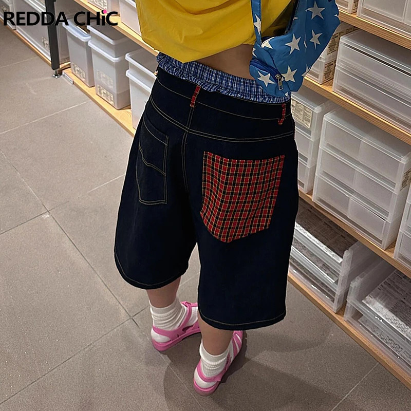 REDDACHiC Harajuku Women Plaid Spliced Denim Shorts Vintage Wash Oversize Trousers Low Waist Baggy Jeans Jorts Y2k Streetwear 250604