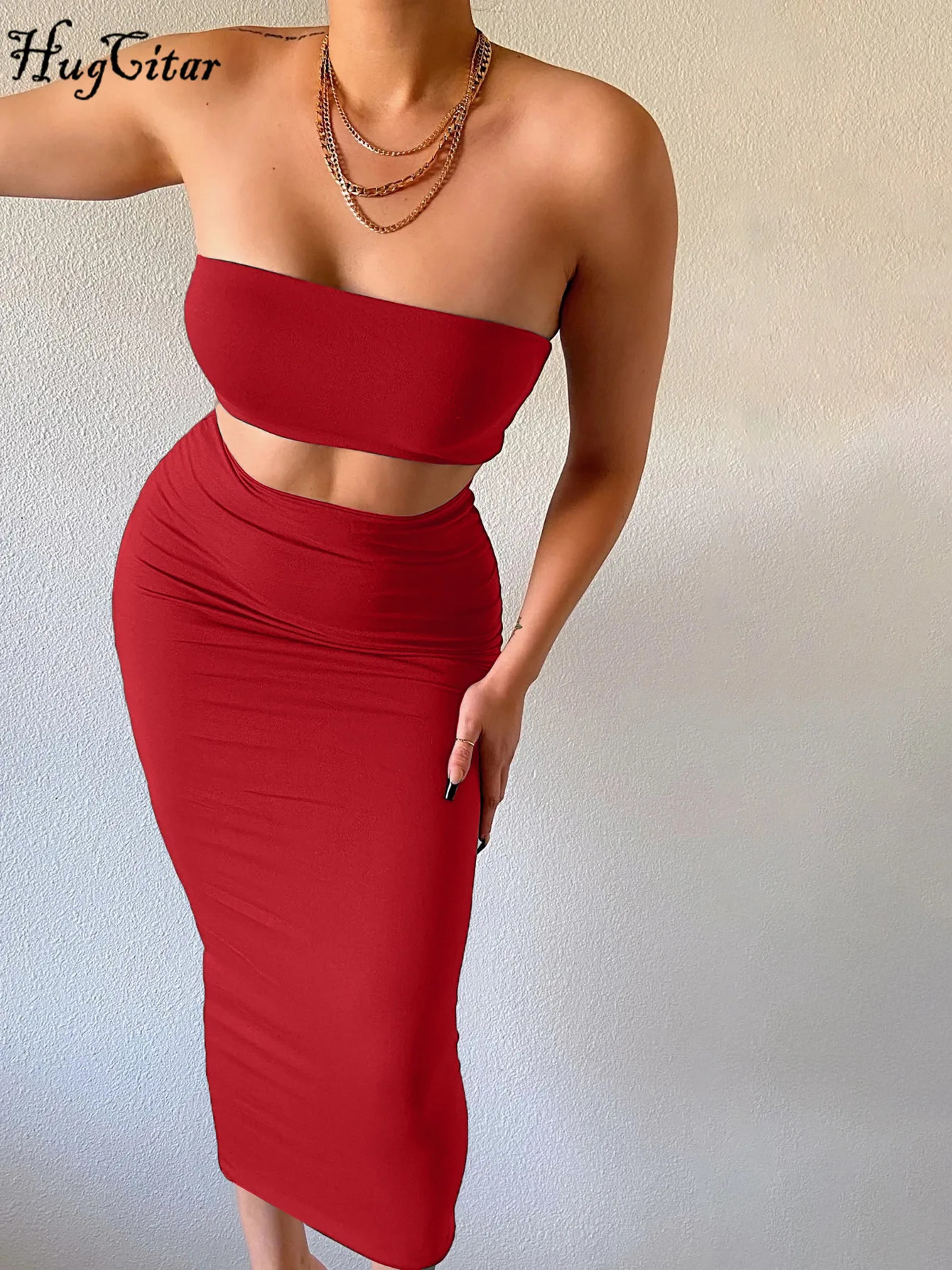 Hugcitar Women Elegant 2 Pcs Sets Strapless Sexy Tube Crop Tank Top Maxi Skirt 2025 Summer Casual Clothes Party Festival 250605Z