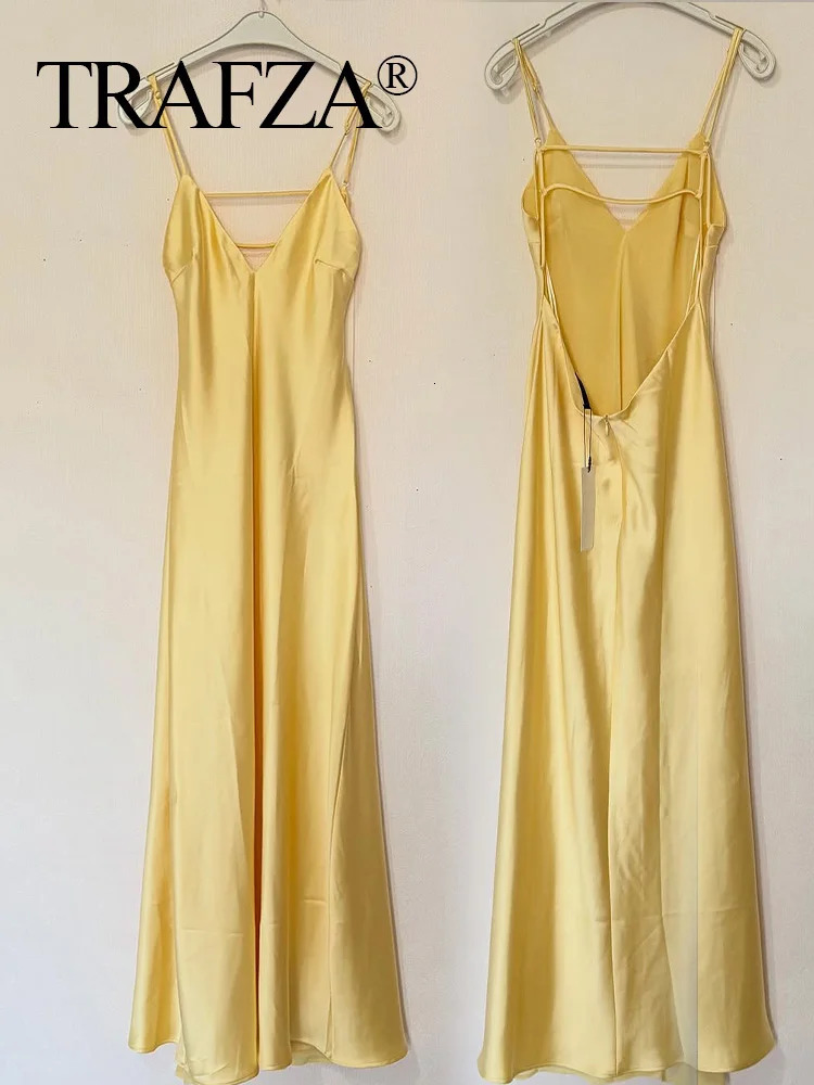 TRAFZA Summer Women VNeck Long Dress Elegant Slim Stain Pink Solid Strapless Backless For Evening Party 250604