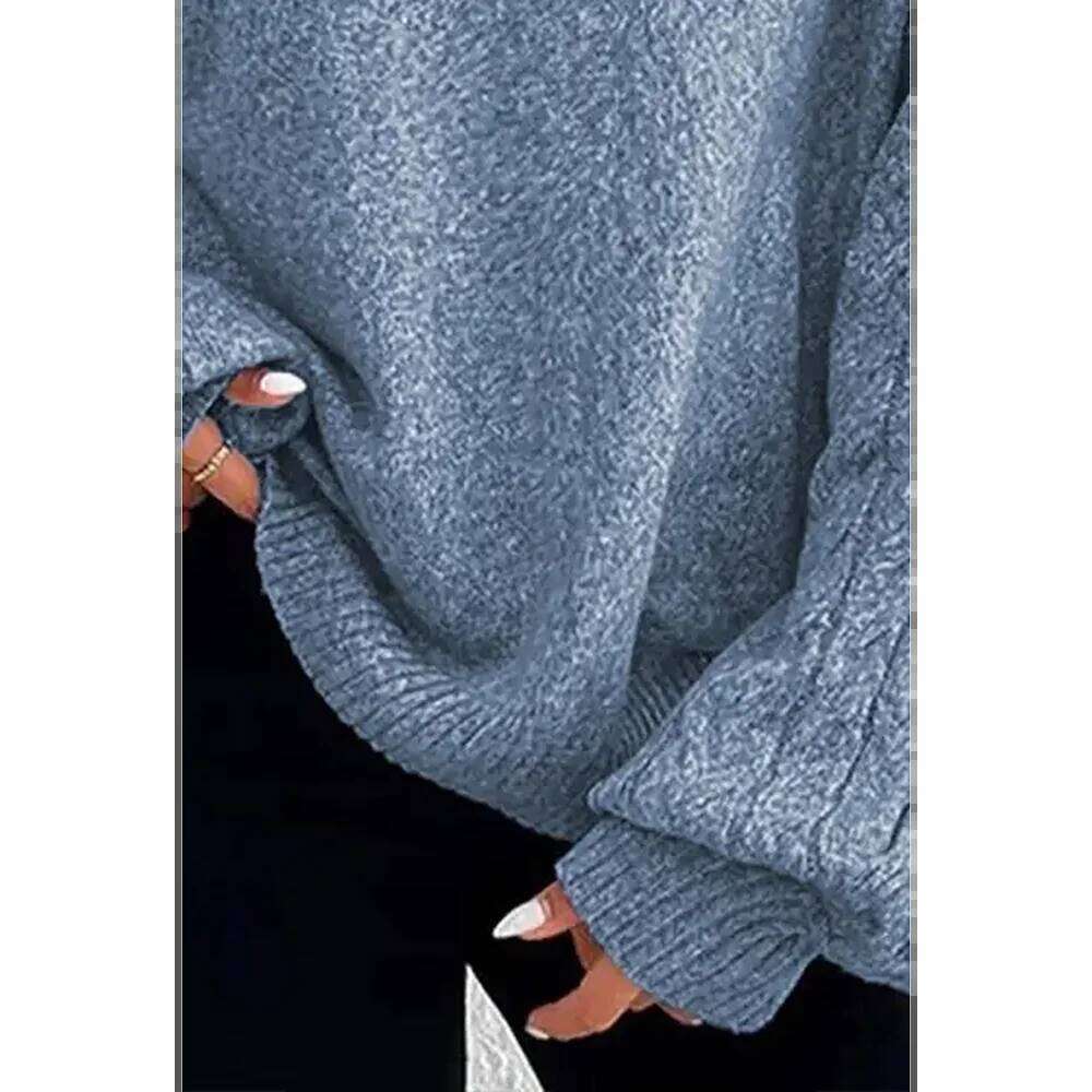 Plus Size Casual Black Cable Knit Lantern Sleeve Cold Shoulder Sweater