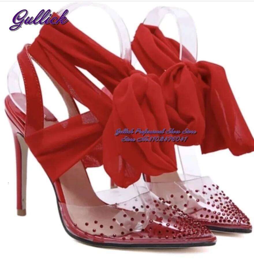 Gullick Red White Black Mesh Butterfly-Knot Lace-Up Wedding Shoes Clear PVC Crystal Pointed Toe Dress Pumps Glittering Slingback