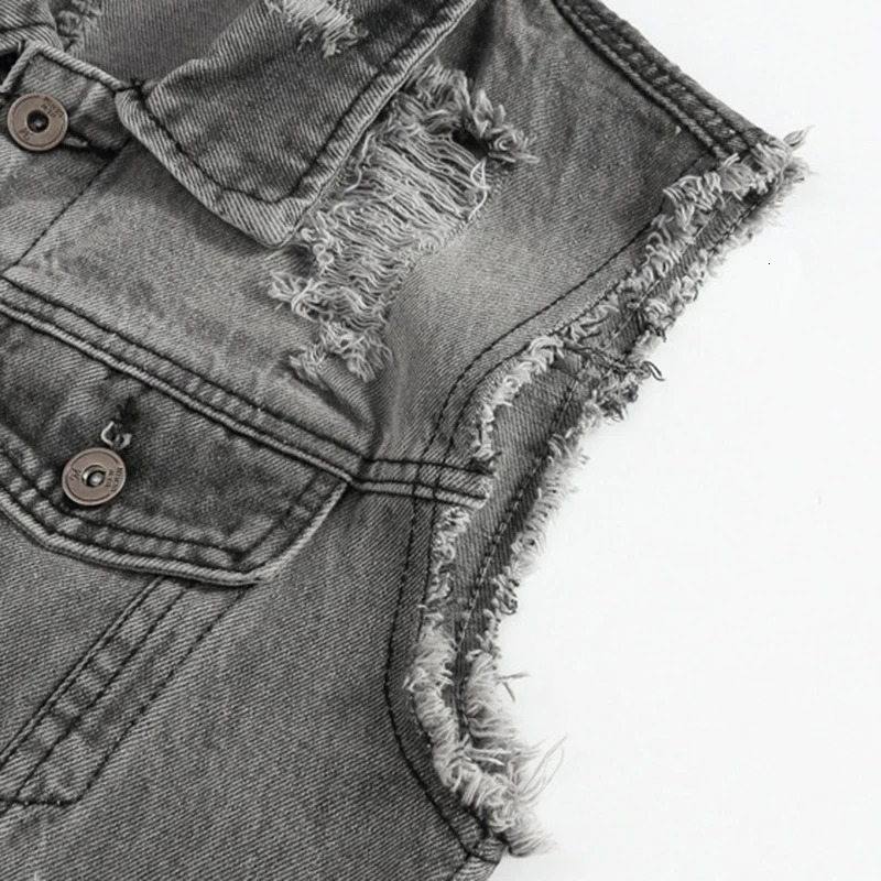 Mens gray holes ripped jean vest Slim sleeveless fringe denim tank top Fashion waistcoat 250605Z