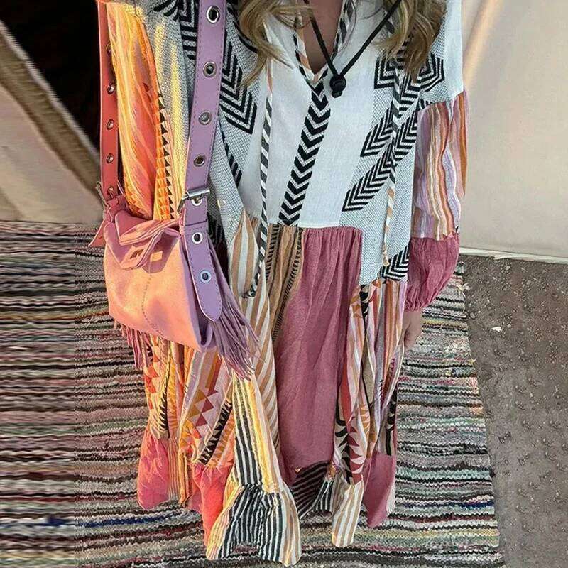 Fashion Printed Patchwork Loose Dresses Spring Women Retro Puff Sleeve Long New Summer High Waist V Neck Knee Length Dress