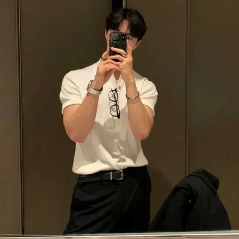 Lapel Polo Shirt Short-sleeved Mens Trendy Brand Loose Casual Summer Thin Solid Color Knitted Sweater T-shirt Base Shirt XJ250605