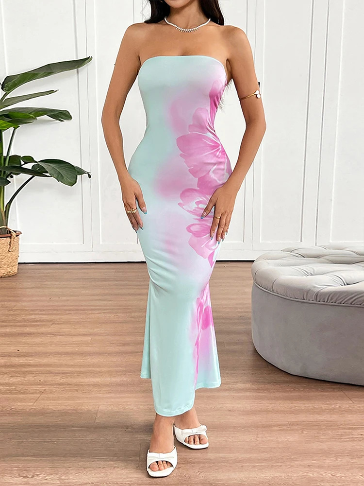 Summer Womens Dresses Streetwear Fashion Print Casual Slim Maxi Dress Sexy Elegant Lady Backless Strapless Clothing 250604