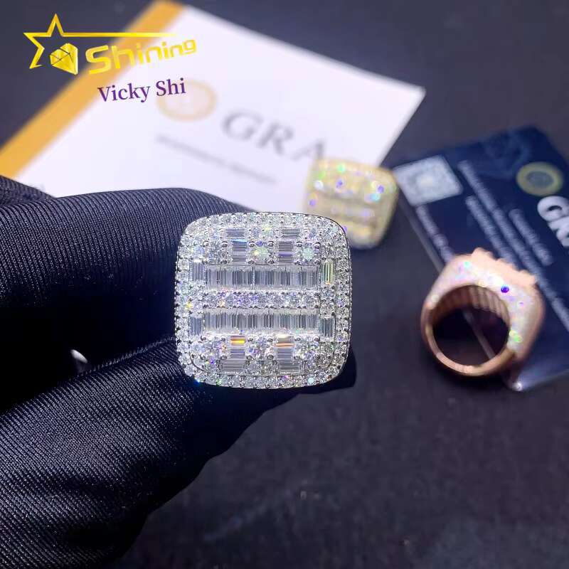 GRA Certificated 925 Solid Silver Gold Plated VVS Baguette Diamond Moissanite Custom Men Hip Hop Rings