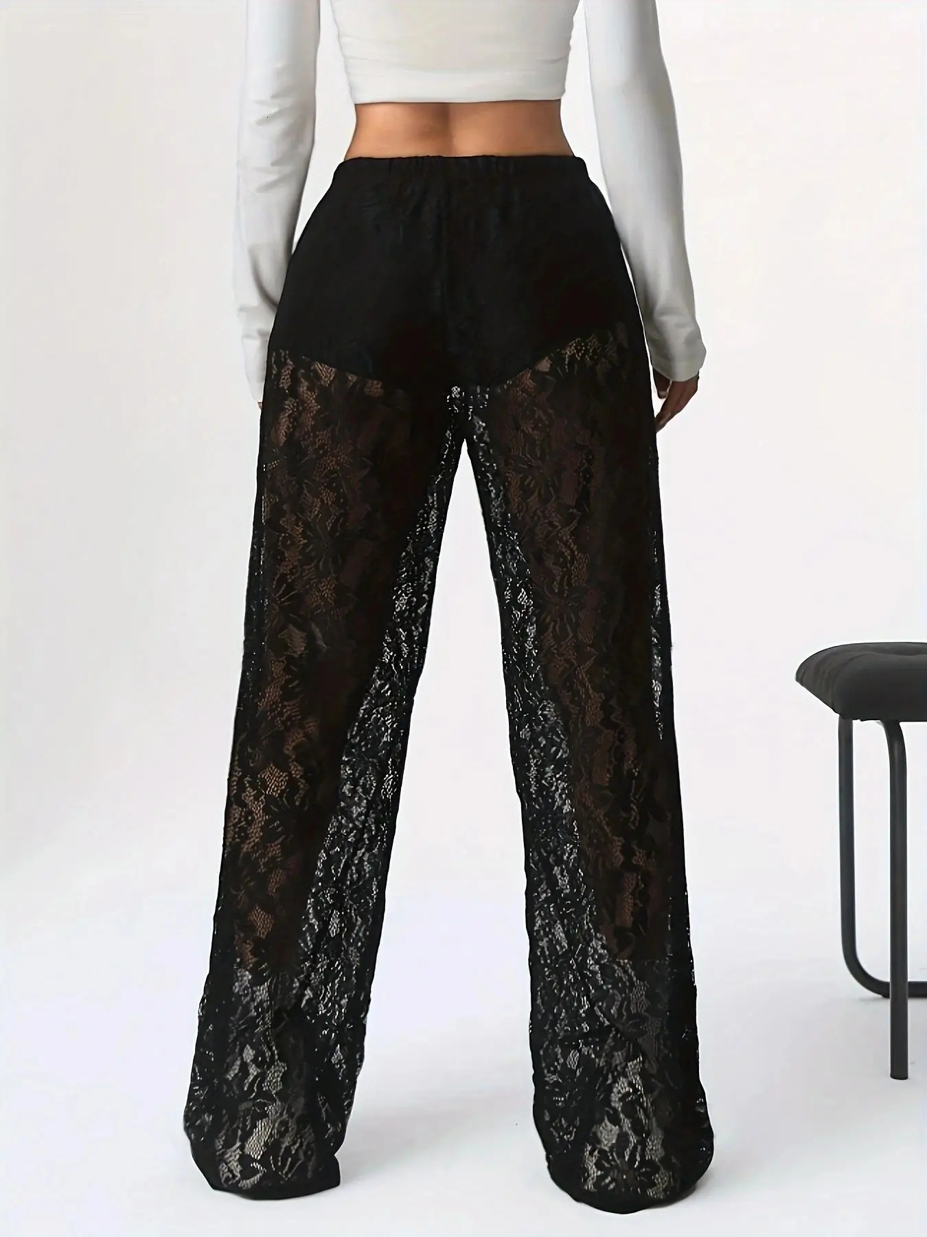 Fashionable and Sexy Versatile Waist Collection Lace Jacquard Micro Transparent Straight Leg Casual Pants Long Pants 250604