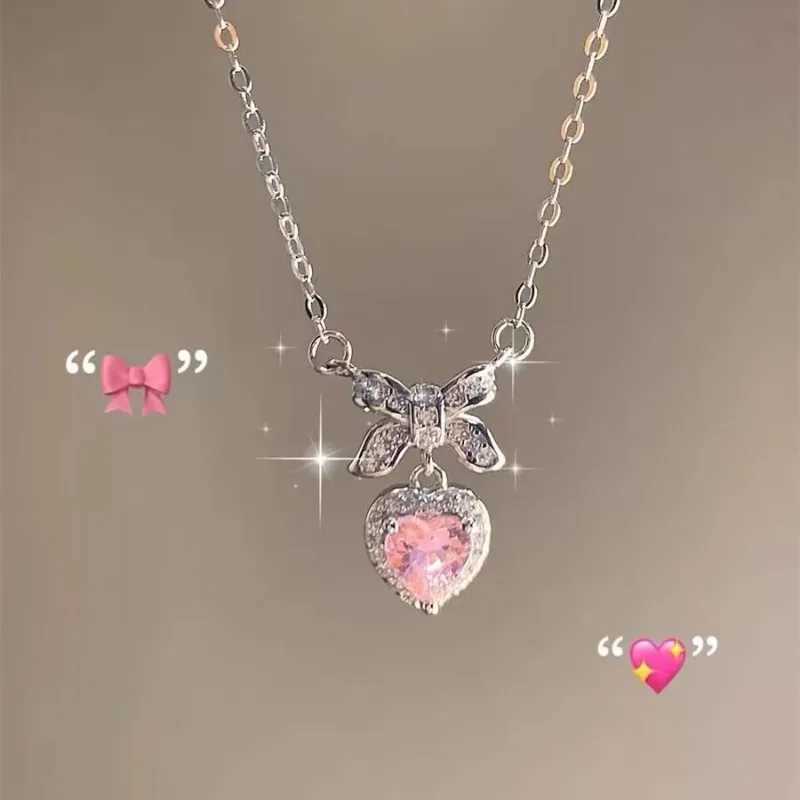 Cute Sweet Pink Bow Necklace Ladies Fashion Sparkling Rhinestone Heart Shape Pendant Clavicle Chain Delicate Wedding Accessories XJ250604