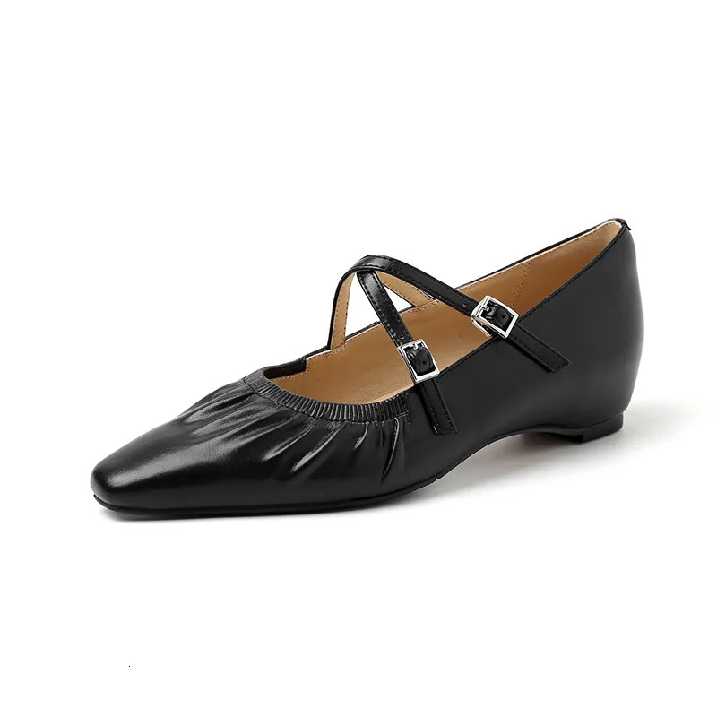 S2509 Soft Crinkled Lambskin Mary Jane Flats Spring 2025 Chunky Pointed Toe Genuine Leather Womens Shoes 250603