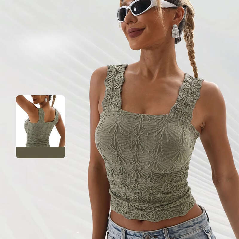 DHessentials New High-Quality High-Elasticity Embroidered Square Neck Sleeveless Top Women's Solid Color Floral Pattern Vest