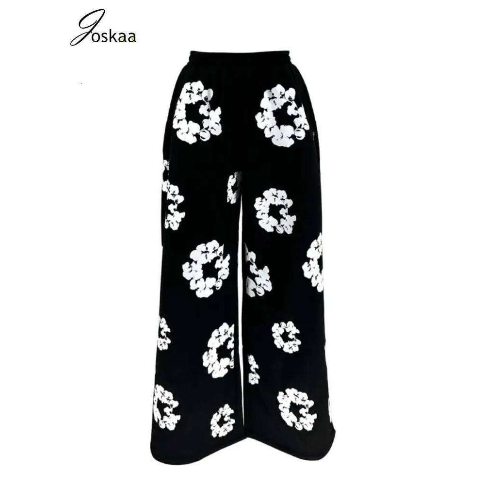 Joskaa Printed Casual Fleece Baggy Trousers Women Hipster Elastic Waist Straight Leg Black Pants 2024 Female Bottoms Streetwear
