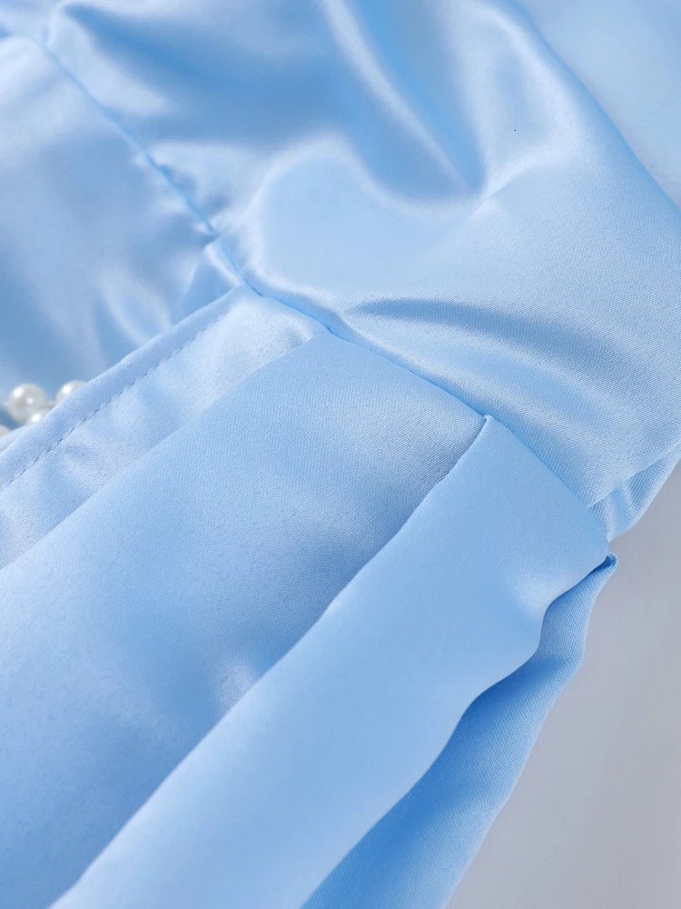 Off Shoulder Strapless Dresses Women Elegant Satin Pearl Pleated Hip Package Short Dress Lady Summer Party Evening Gown 250604