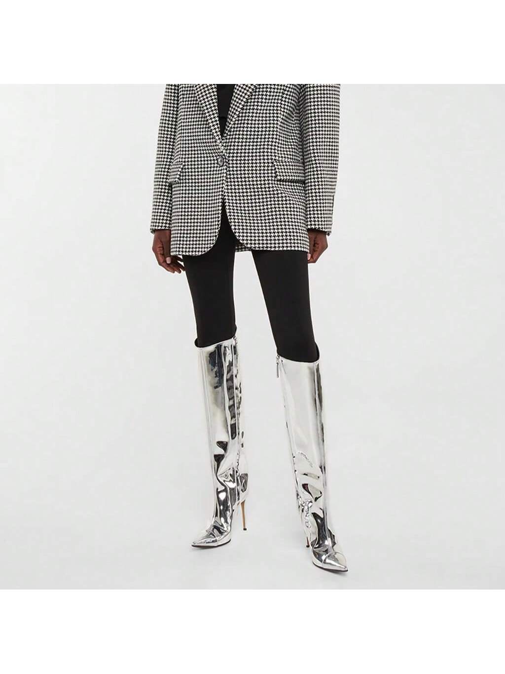 Arqa Metallic Boots for Women Pointed Toe High Stiletto Heel Knee High Boot Fashion Chrome Zipper Boot Dressy Party Shoes