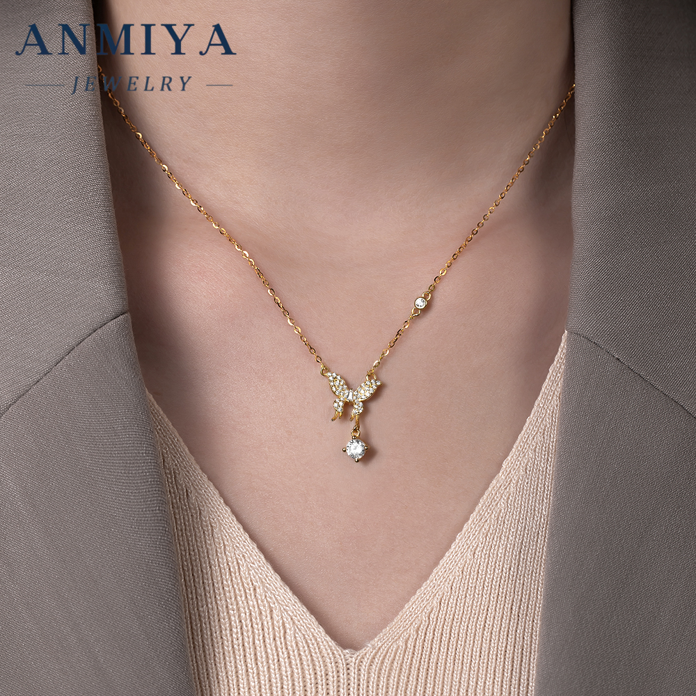 Vintage Silver Jewelry Butterfly Necklace Incorporating Geometric Zircon Pendant Design, 925 Antique Necklace for Outfits